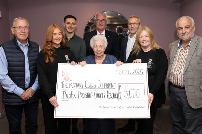 Rosemary Armstrong, Coleraine Rotary Club member presents Niamh Murphy, PhD student and Linda McGrath, Project Manager for the Prostrate Cancer Centre, Queen’s University Belfast with a £5,000 cheque 
